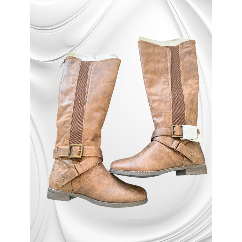 B52 Cognac Tan Knee High Boots Buckle Strap 7.5 NWOT